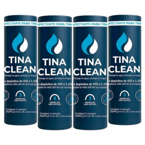 Tina Clean | Antisarro y Desinfectante para Tinaco 4 Pack (3 Meses c/u) hasta 12 Meses | 450 a 1100L | Filtro y Suavizador de Agua contra Sarro y Agua Dura